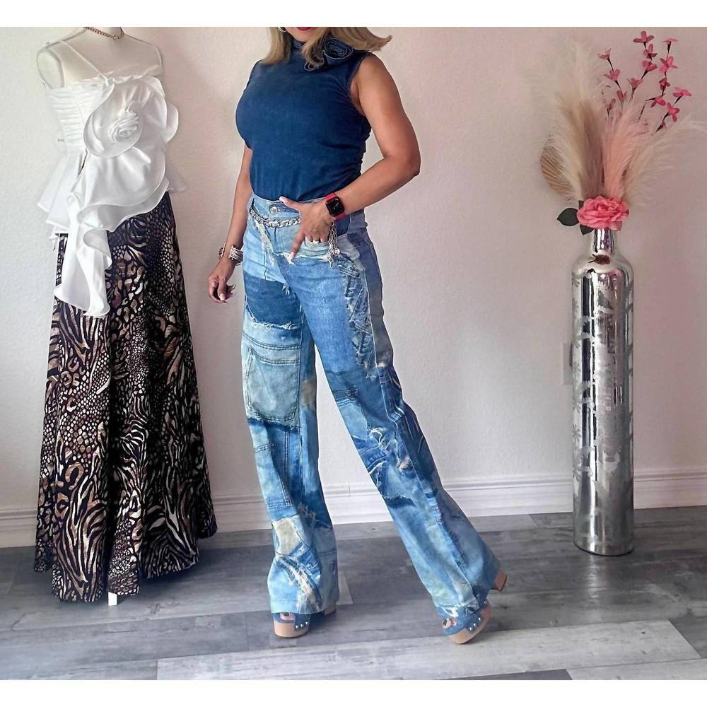 NEW MUY MUY FANCY denim print patch pants in blue